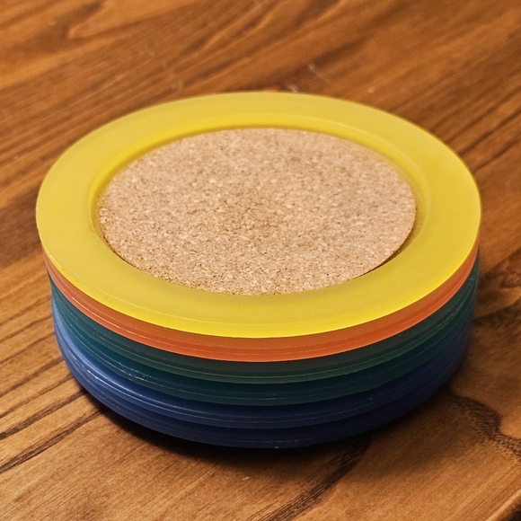 Vintage Cork and Plastic Coasters Set of 6 Blue, Green, Yellow and Red - Picture 1 of 4